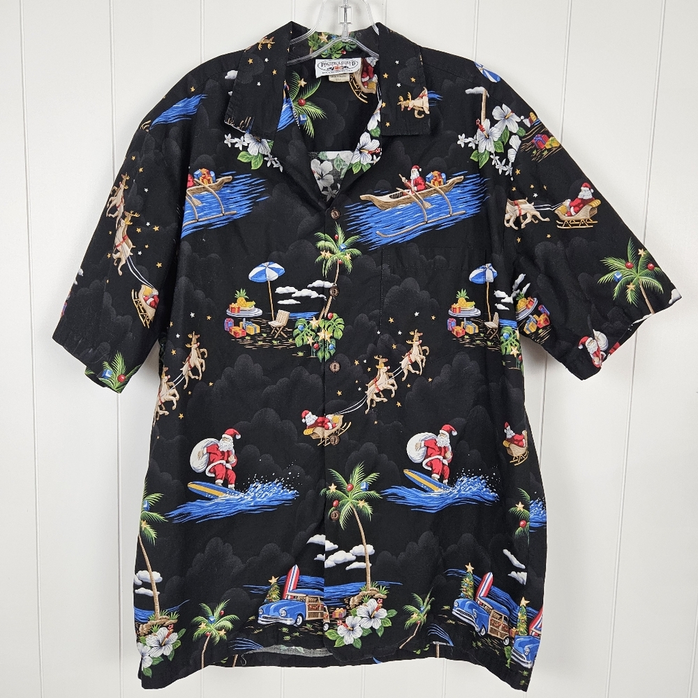 Pacific Legend Christmas Santa Shirt Button Hawaiian Black Mens Large Hawaiian